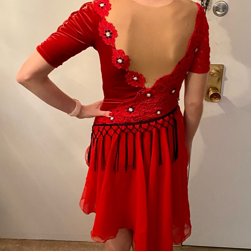 GORGEOUS Stoned Spanish/Tango Red Figure Skating Ice Dance Dress - Picture 5 of 8